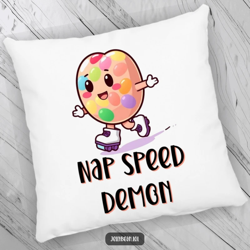 A plush pillow showcasing a funny jelly bean character wearing roller skates and zooming playfully, bringing comfort and cheer.
