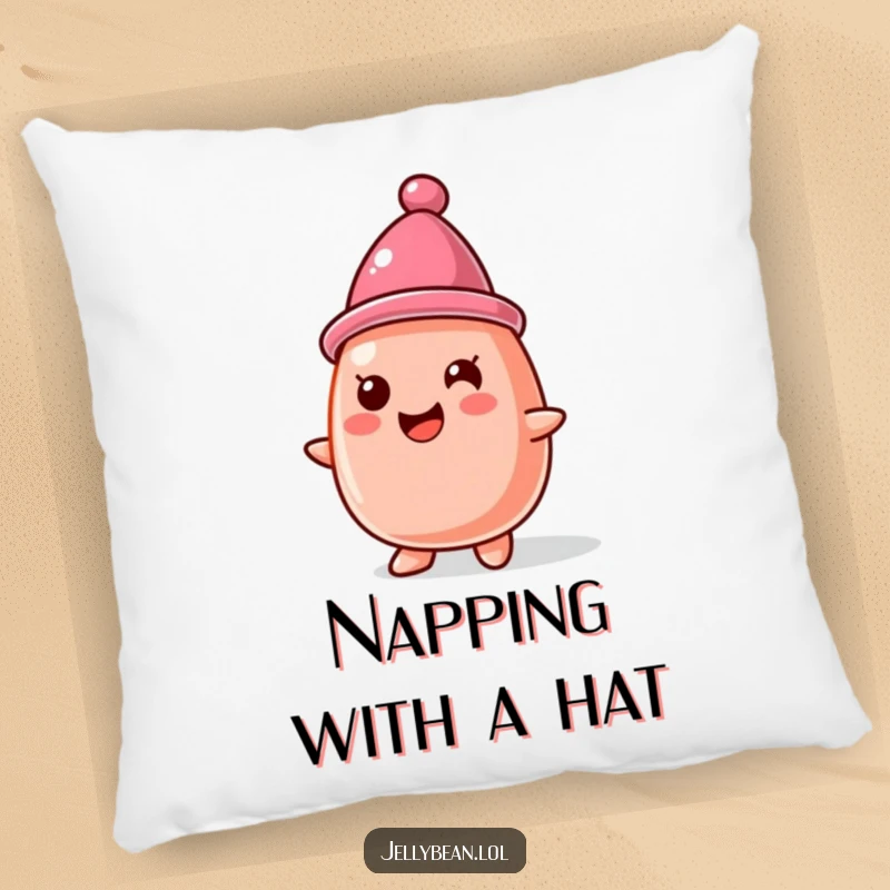 Funny Pillow: A soft jelly bean character sits happily wearing a hat made from another jelly bean, offering comfort and whimsical charm.