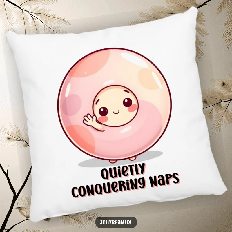 Funny pillow with a shy jelly bean character peeking from behind a large gumdrop, offering a small, gentle wave, perfect for cozy relaxation.