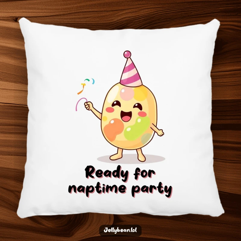 Funny Pillow showcasing a radiant jelly bean character enthusiastically throwing a tiny party streamer, adding a touch of playful celebration to any room.