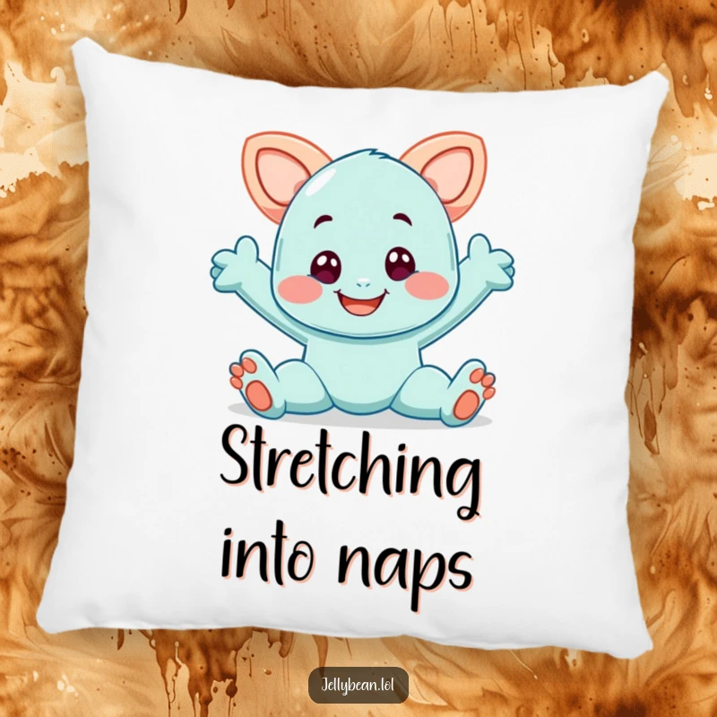 Funny decorative pillow featuring a smiling taffy character in a playful stretch, offering comfort and pliable charm.
