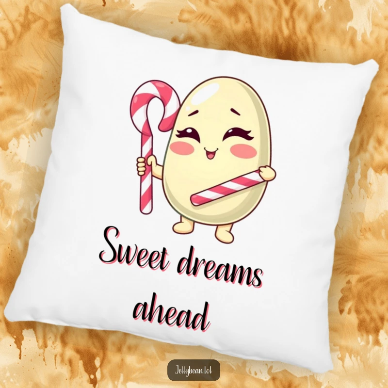 Funny Pillow: A soft anthropomorphic jelly bean character winks invitingly, holding a candy cane cane, offering comfort and cheerful vibes.