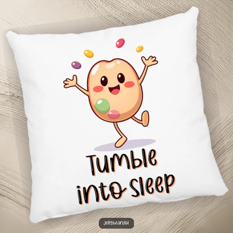 Funny pillow featuring a smiley jelly bean character doing a cartwheel with segments flying off, offering comfort and wild, funny energy. Perfect funny gift.