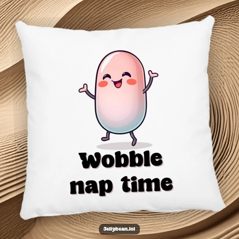 Funny pillow showcasing a jelly bean character doing a silly, joyful dance, its body wobbling with infectious happiness.