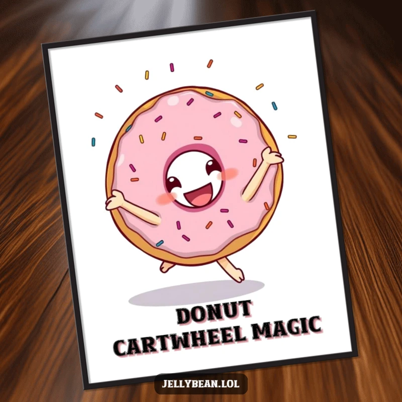 Funny digital art print of a grinning donut character performing a cartwheel with sprinkles flying, perfect for instant download and cheerful decor.