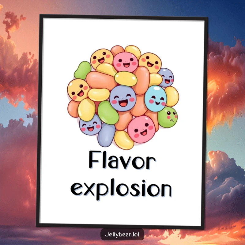 Funny tumbling jelly beans digital art print of a cluster of jelly beans with joyful expressions, tumbling, capturing sweet and humorous energy.