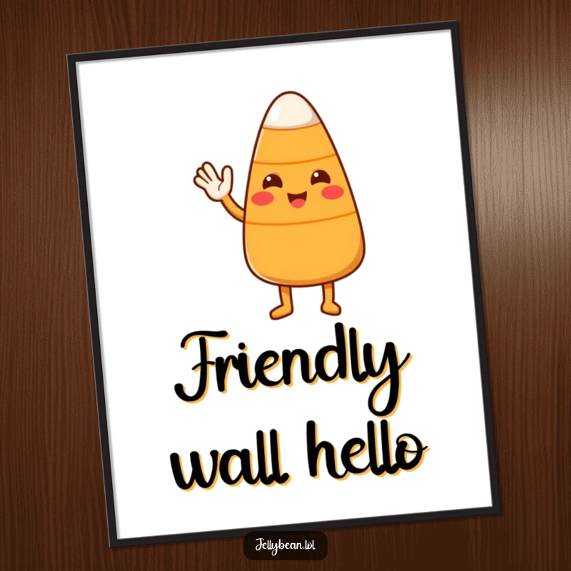 Funny Candy Corn Digital Art Print with a cute character waving hello, perfect for adding friendly and humorous decor.