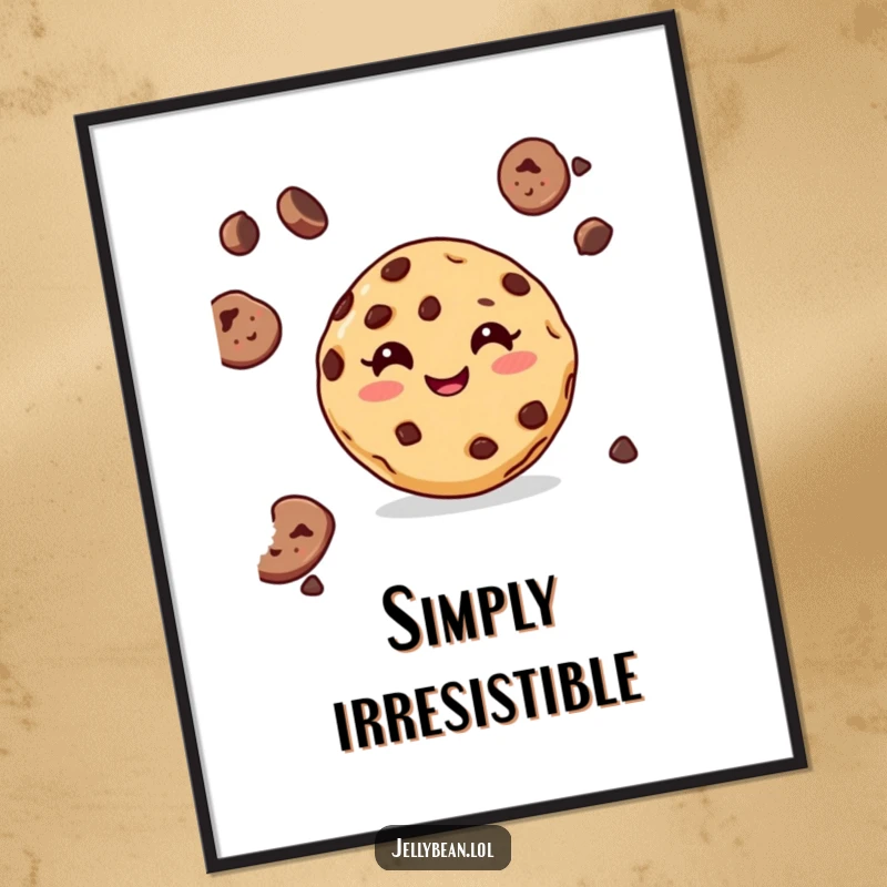 Funny digital art print of a delighted chocolate chip cookie with a wide grin, creating an instant, cheerful, and delicious wall decoration.