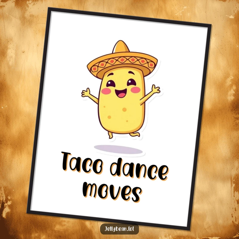Funny digital art print of a smiling taco character in a tiny sombrero, dancing energetically, perfect for instant download and lively decor.