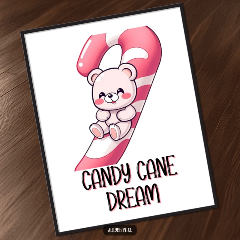 Funny giggling gummy bear character sliding down a giant candy cane, as a downloadable digital art print.