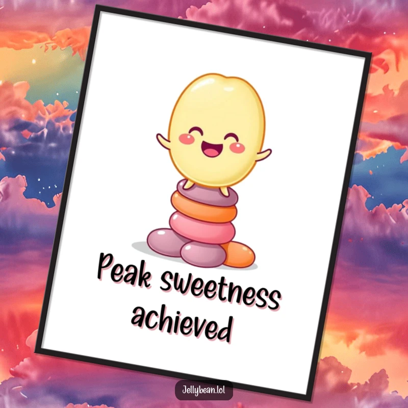Funny digital art print of a grinning jelly bean character balancing on a tall stack of assorted candies, offering instant whimsical decor.