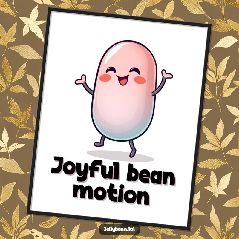 Funny digital art print of a jelly bean character doing a silly, joyful dance, its body wobbling with pure happiness.