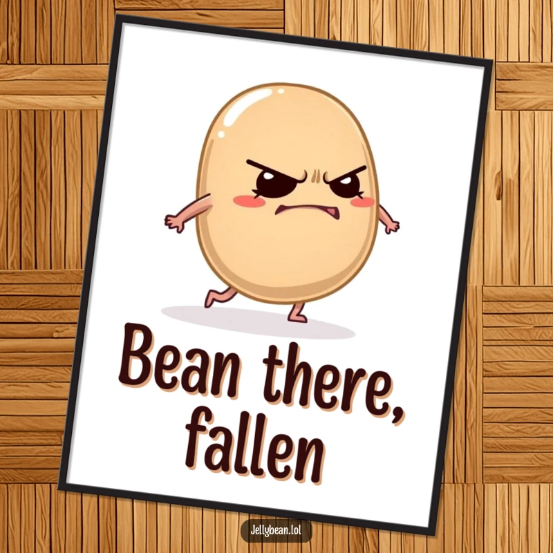 Funny jelly bean digital art print of a grumpy character cracking a mischievous grin while tripping over its own feet.