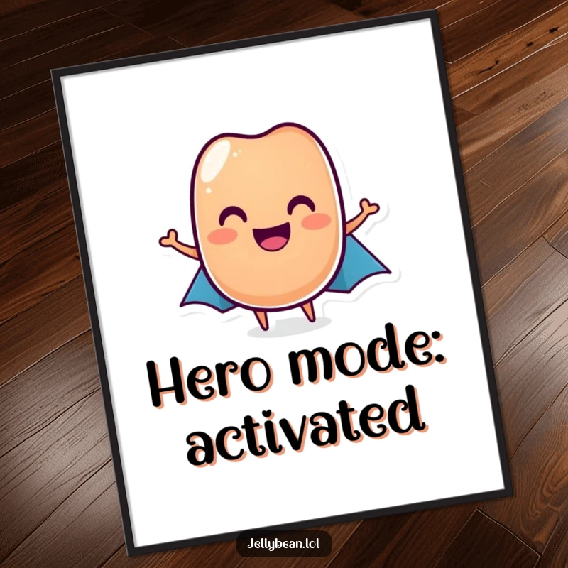 Funny jelly bean hero digital art print of a grinning jelly bean in a cape, a fun and funny gift.