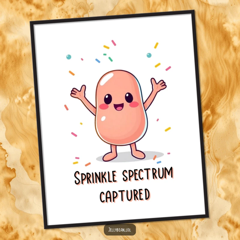 Funny digital art print of a charming anthropomorphic jelly bean catching sprinkles, a whimsical and humorous piece for instant wall decor.