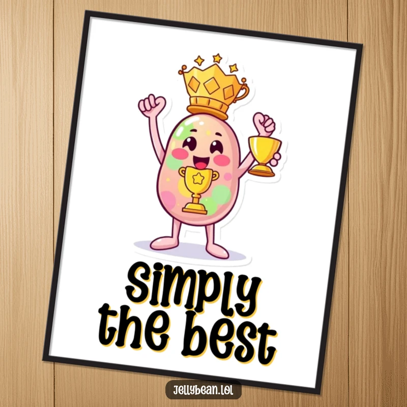 Funny digital art print: A jelly bean character triumphantly holds a trophy, perfect for celebrating decor.