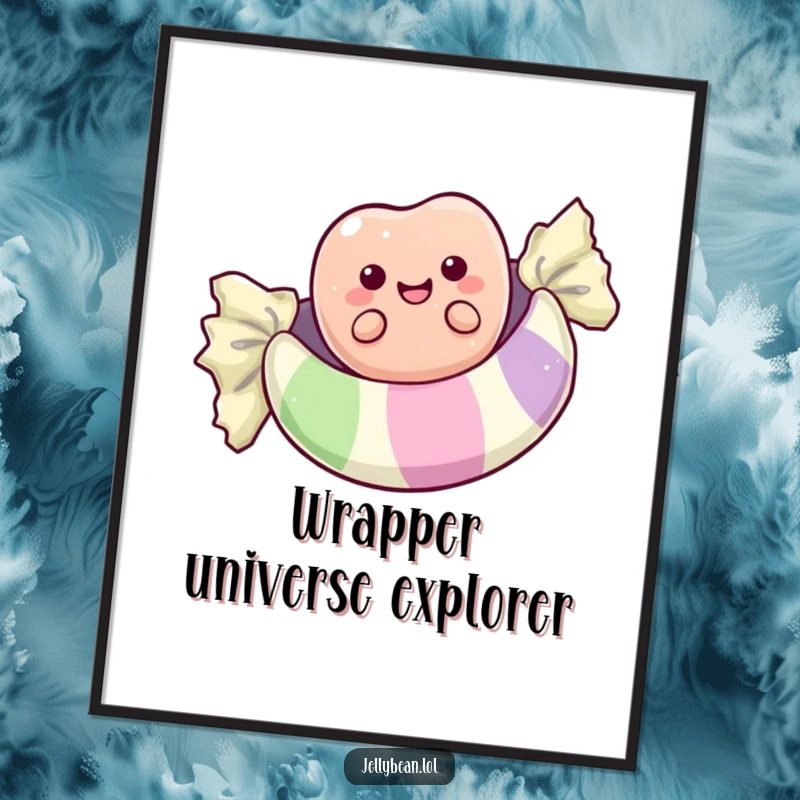 Funny digital art print of a cute anthropomorphic jelly bean floating on a candy wrapper, a whimsical and humorous piece for decor.