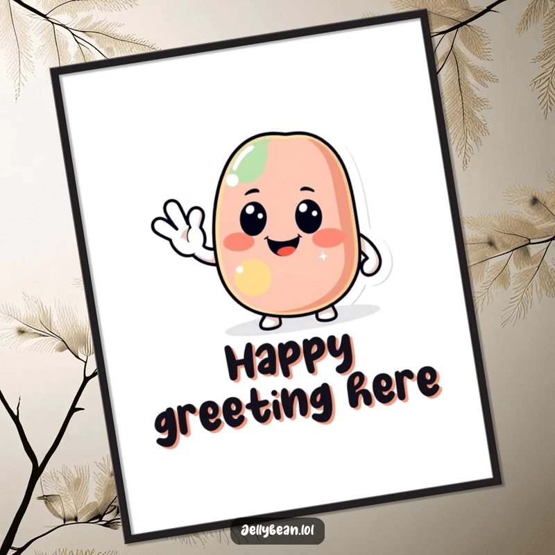 Funny jelly bean digital art print of a jolly character giving a friendly wave, radiating warmth and good humor, a cheerful and humorous decor piece.
