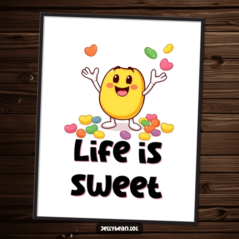 Funny digital art print of a smiley jelly bean character enthusiastically juggling smaller jelly beans, capturing vibrant, funny energy. Ideal funny gift.