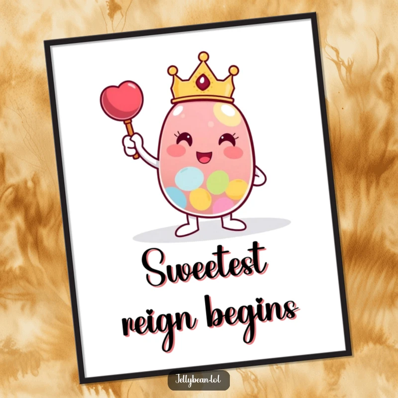 Funny Digital Art Print of a crowned jelly bean character posing triumphantly next to a giant candy, celebrating sweet victory.