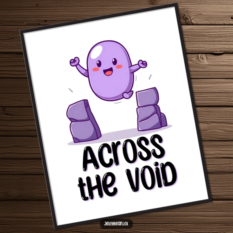 Funny purple jelly bean digital art print in a heroic leap, a dynamic and funny gift.