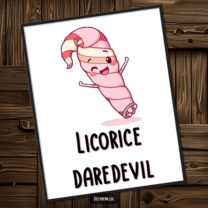 Funny digital art print of a happy licorice whip character engaged in a silly stunt, creating an instant, humorous, and energetic wall decoration.