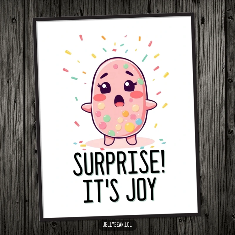Funny digital art print of a jelly bean character looking surprised as confetti rains down, ideal for festive decor.