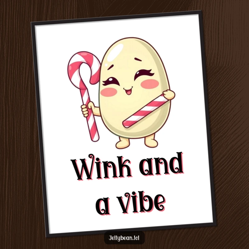 Funny Digital Art Print: An anthropomorphic jelly bean character winks with a candy cane cane, offering instant charming and humorous wall decor.