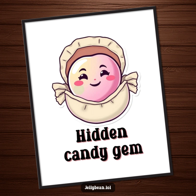 Funny Digital Art Print of a happy jelly bean with a mischievous grin, popping out of a tiny candy wrapper, for instant decor.
