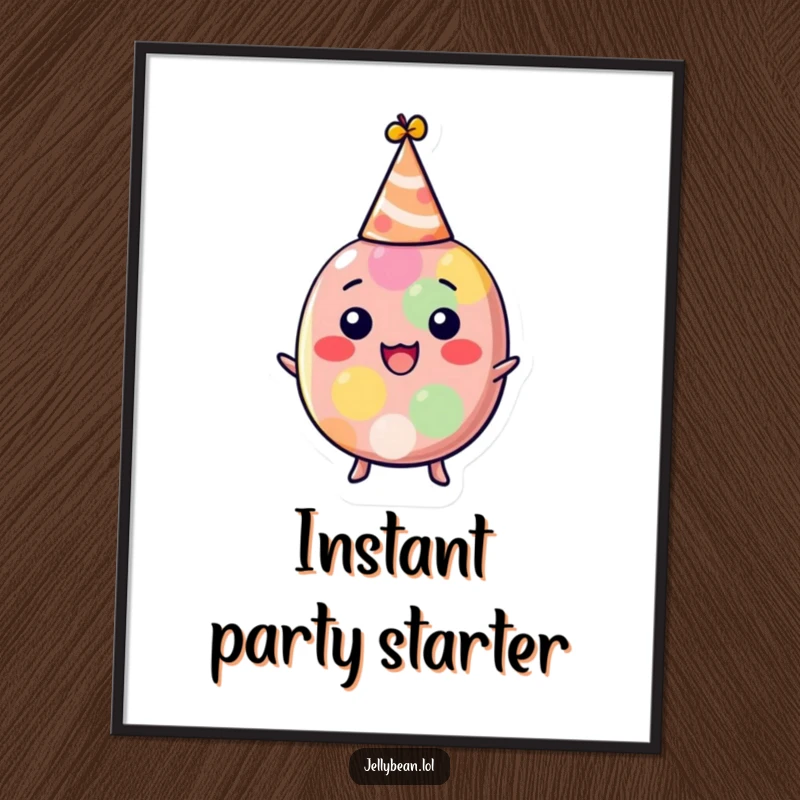 Funny jelly bean digital art print of a delighted character in a party hat, capturing pure joy and festive spirit, a humorous and downloadable decor piece.