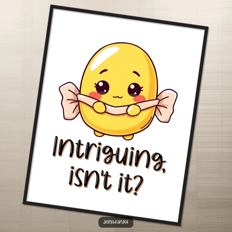 Funny curious yellow jelly bean digital art print peeking from a wrapper, a playful and funny gift.