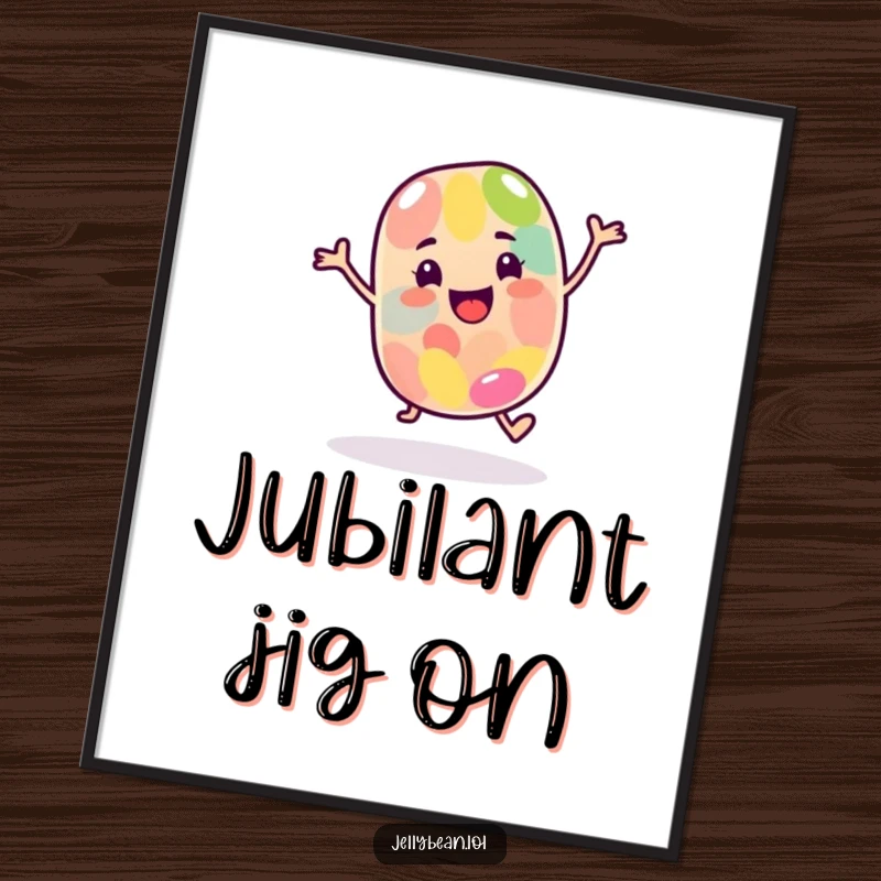 Funny Digital Art Print: A happy jelly bean character dances joyfully, bringing vibrant energy and fun to any room.