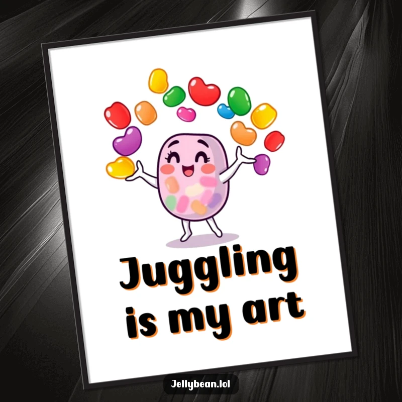 Funny jelly bean character juggling a vibrant assortment of jelly beans, presented as a high-resolution digital art print for joyful decor.