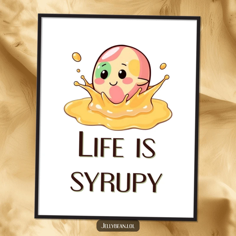 Funny Digital Art Print: A jelly bean character makes a delightful splash in syrup, offering instant whimsical and humorous wall decor.