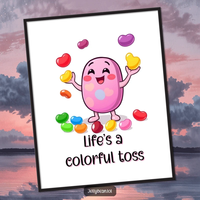 Funny digital art print of a cheerful jelly bean character gleefully juggling colorful smaller jelly beans, radiating pure joy and playfulness.