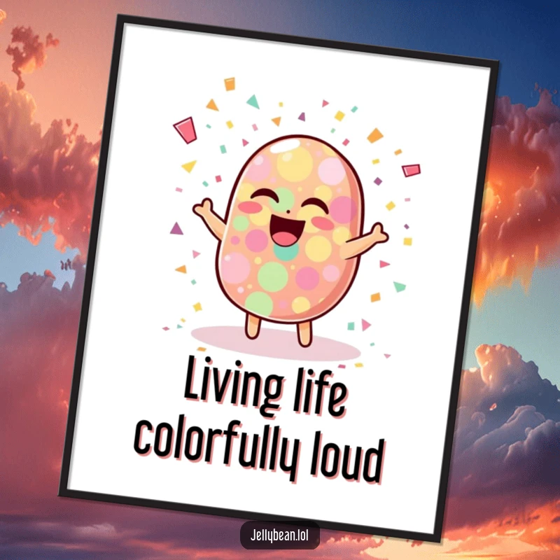 Funny digital art print of a wobbly jelly bean character laughing heartily, surrounded by a dynamic burst of colorful confetti, radiating pure joy.