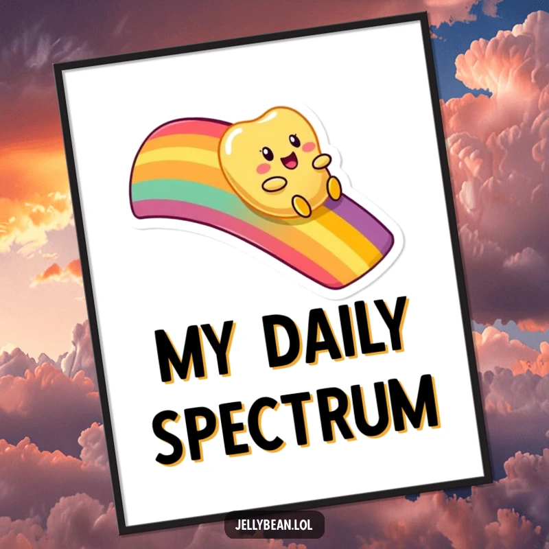 Funny digital art print of an anthropomorphic jelly bean character joyfully sliding down a dazzling, multi-colored rainbow.