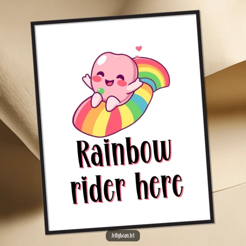 Funny jelly bean character joyfully sliding down a vibrant rainbow, captured in a high-resolution digital art print.