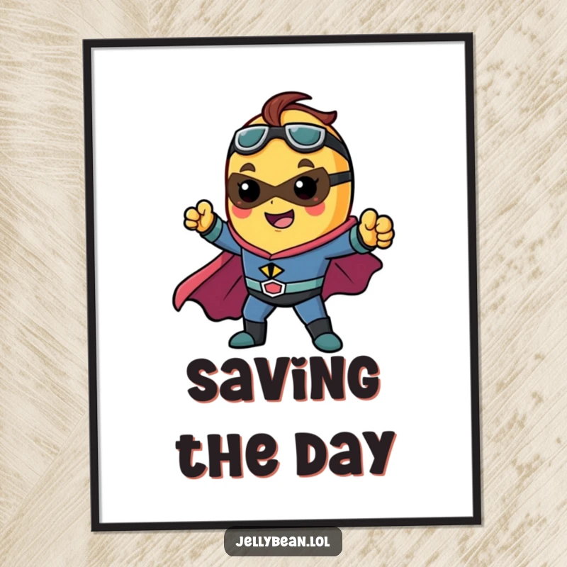 Funny digital art print of a jelly bean character as a superhero, striking a dynamic pose, ideal for heroic decor.