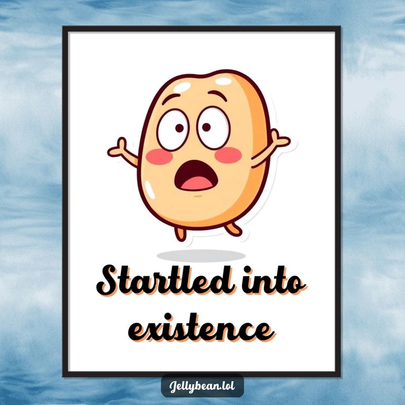 Funny Digital Art Print of a jelly bean character in a comical surprised jump, capturing a moment of pure shock.