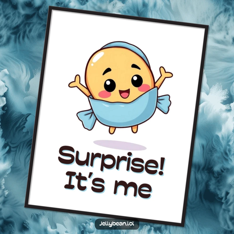 Funny digital art print of a jelly bean with a funny face jumping out of a candy wrapper, for instant joy.