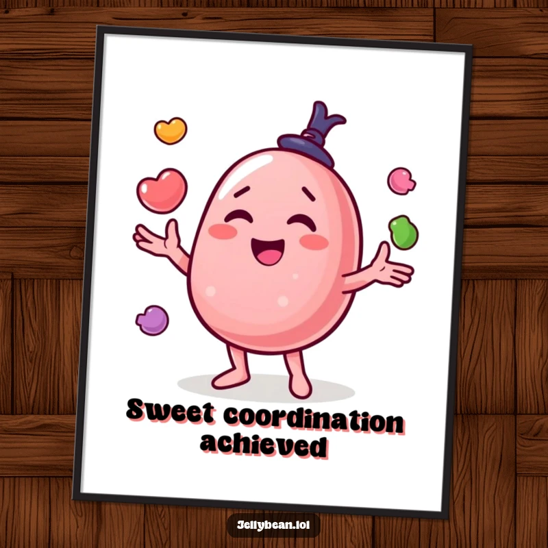 Funny digital art print of a happy jelly bean character juggling colorful candies with a cheerful expression, ideal for decor.