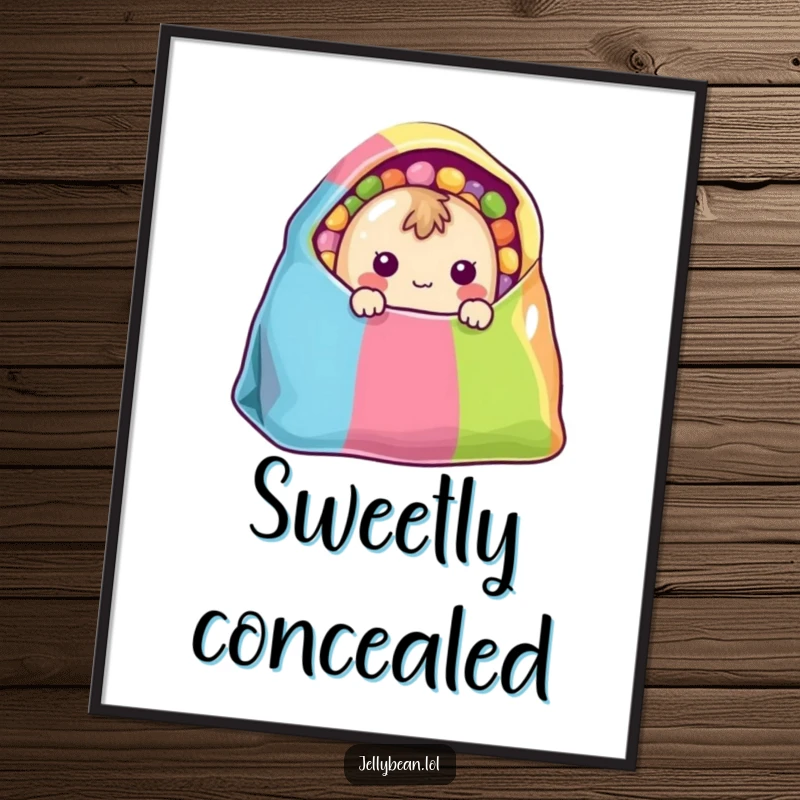 Funny Digital Art Print: A shy jelly bean character peeks from a colorful bag, bringing adorable charm and fun.