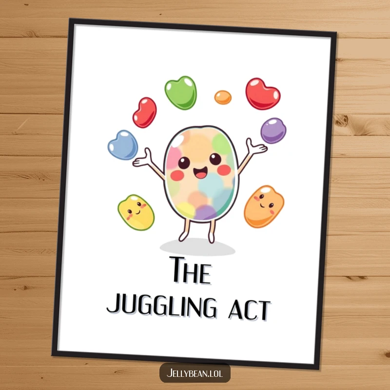Funny digital art print of a cheerful jelly bean character juggling its bean companions, offering an instant download of vibrant humor.