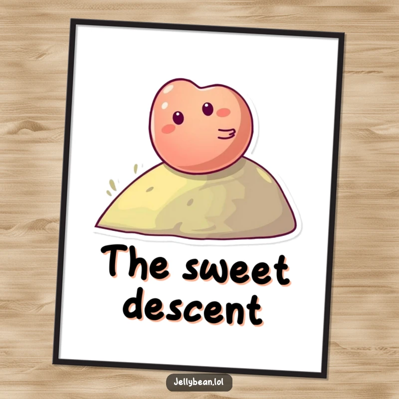 Funny Digital Art Print: Giggling jelly bean character rolling down a hill, embodying sweet joy and silliness.