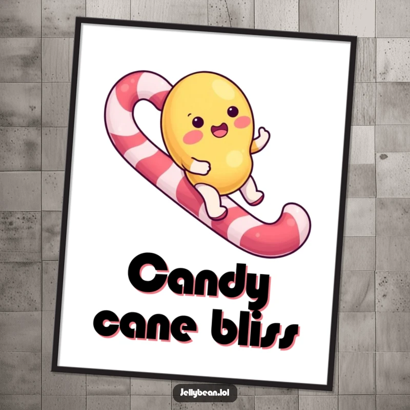 Funny Digital Art Print of a jelly bean character happily riding a giant candy cane, embodying pure sweet joy.