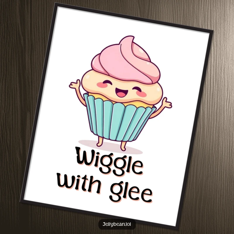 Funny digital art print of a happy cupcake character wiggling with excitement, perfect for instant download and cheerful, sweet decor.