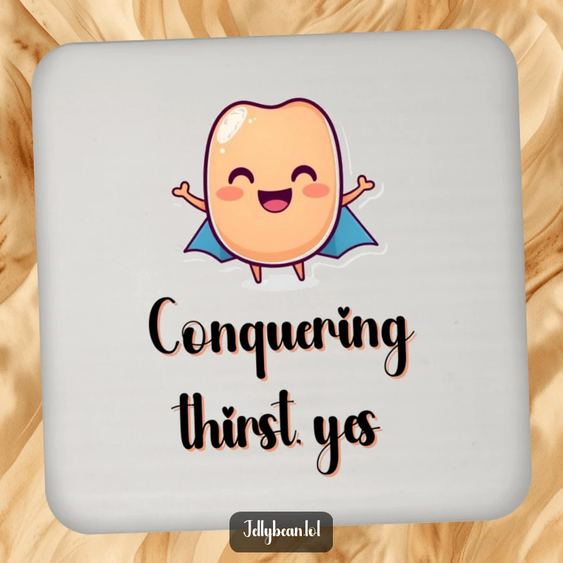 Funny jelly bean hero coaster with a grinning jelly bean in a tiny cape, a protective and funny gift.