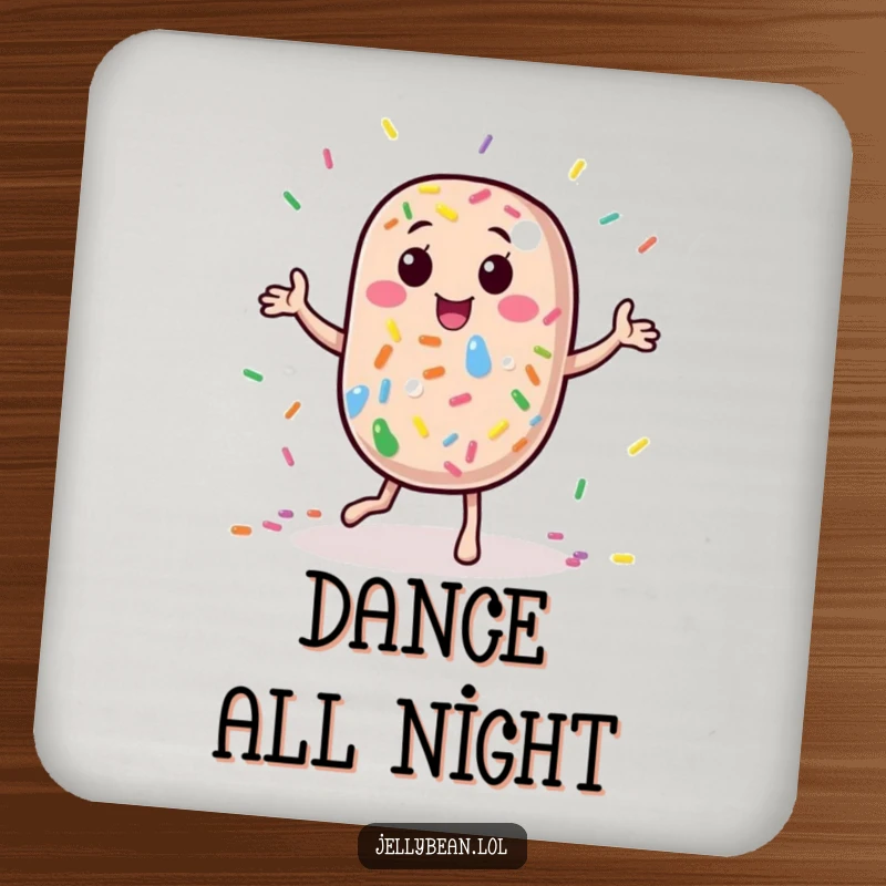 Funny Coaster: A jelly bean character dances joyfully, surrounded by rainbow sprinkles, adding a touch of energetic and humorous flair.