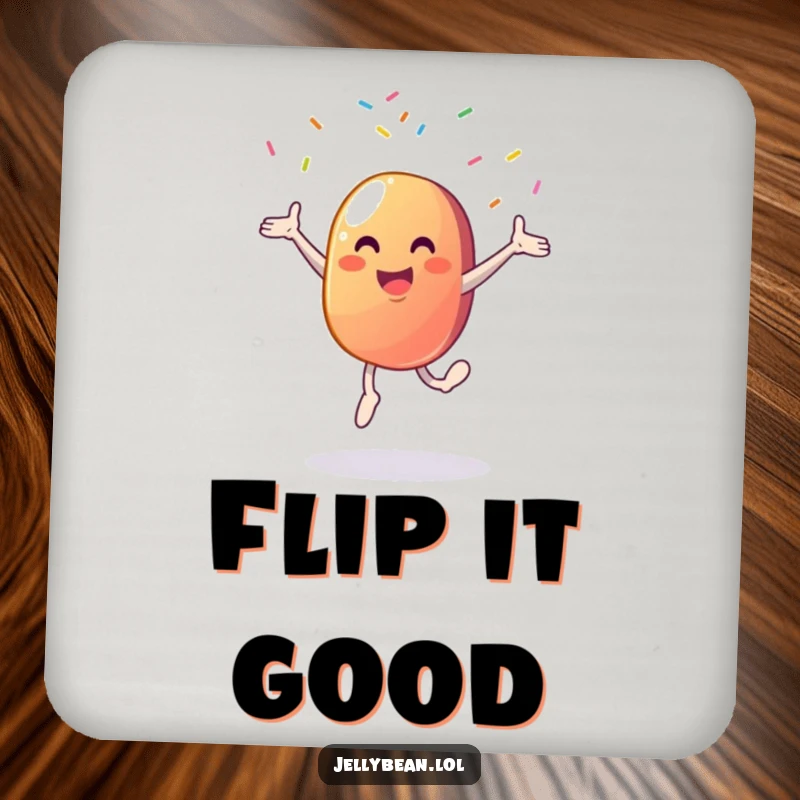 Funny drink coaster featuring a happy jelly bean character doing a cartwheel with a sprinkle explosion, perfect for tabletops.